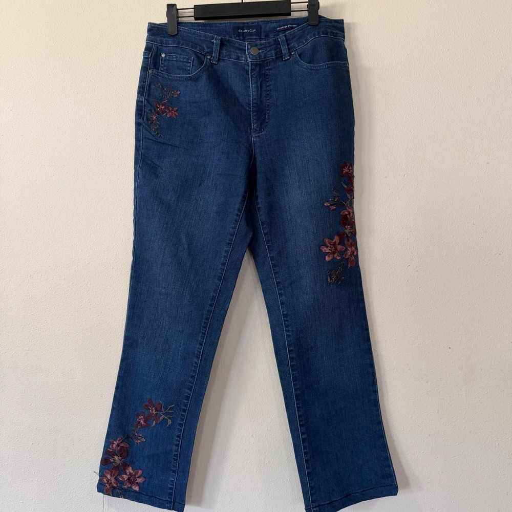 Charter Club Lexington Straight Floral Embroidered Jeans Medium Wash Blue Size 8